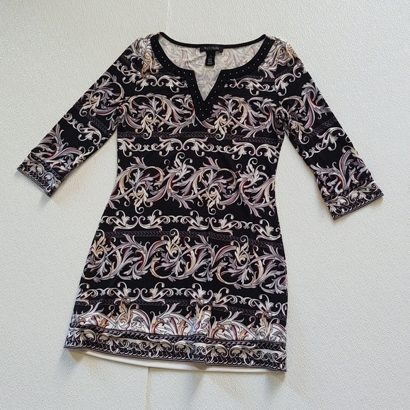 WHBM 3/4 Sleeve Notch Neck Printed Tunic Sz. M Medium - Picture 2 of 5